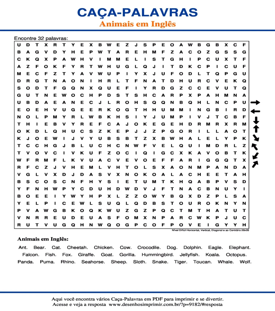 Caça Palavras Animais em Inglês Nível Difícil Horizontal, Vertical, Diagonal e ao Contrário 26x26