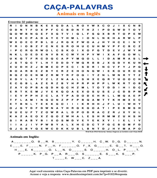 Caça Palavras Animais em Inglês Nível Muito Difícil Horizontal, Vertical, Diagonal, ao Contrário e sem Dicas 26x26