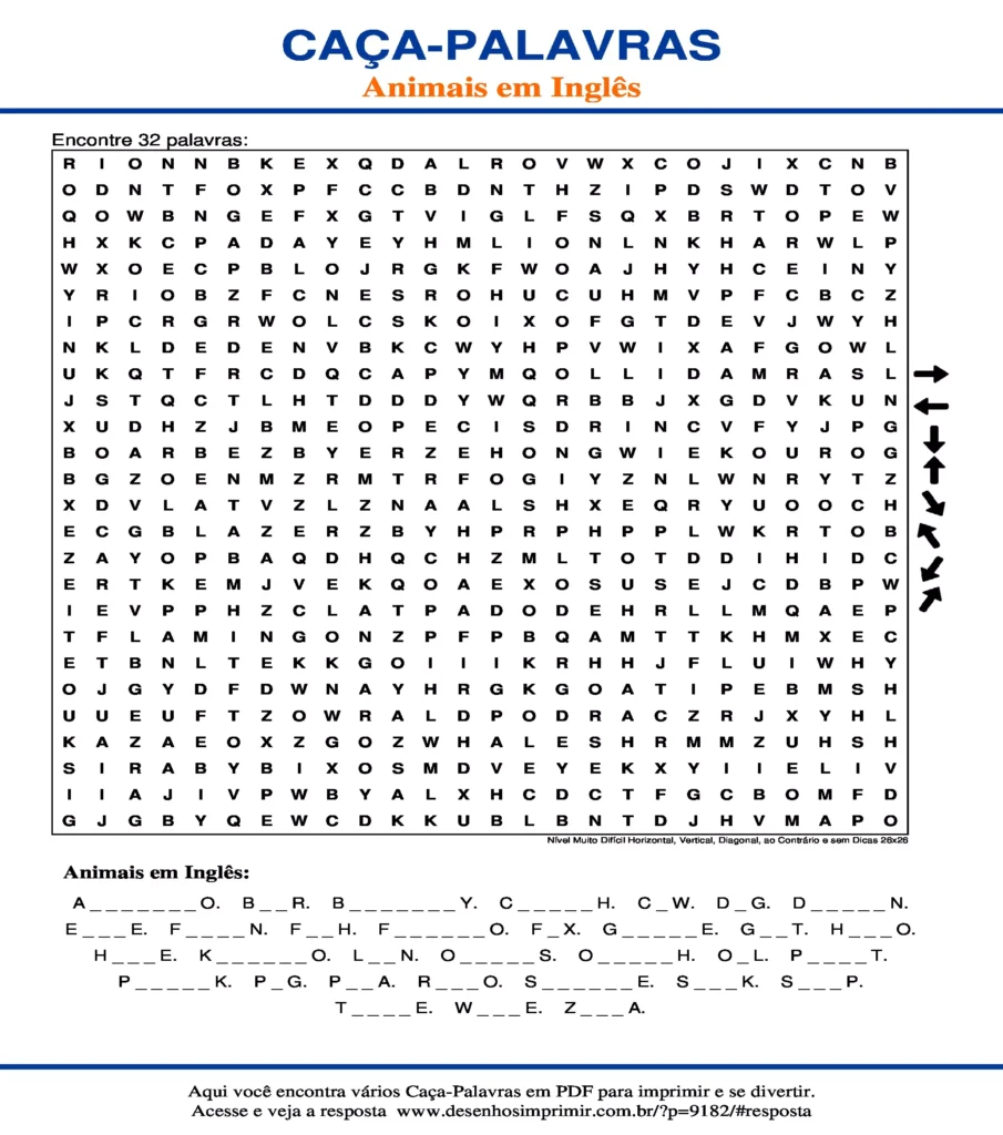 Caça Palavras Animais em Inglês Nível Muito Difícil Horizontal, Vertical, Diagonal, ao Contrário e sem Dicas 26x26