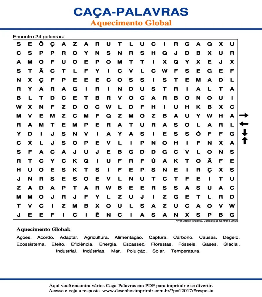 Aquecimento Global Nível Médio Horizontal, Vertical e ao Contrário 20x20 caça palavras Caça Palavras Aquecimento Global Nível Médio Horizontal, Vertical e ao Contrário 20x20 para imprimir