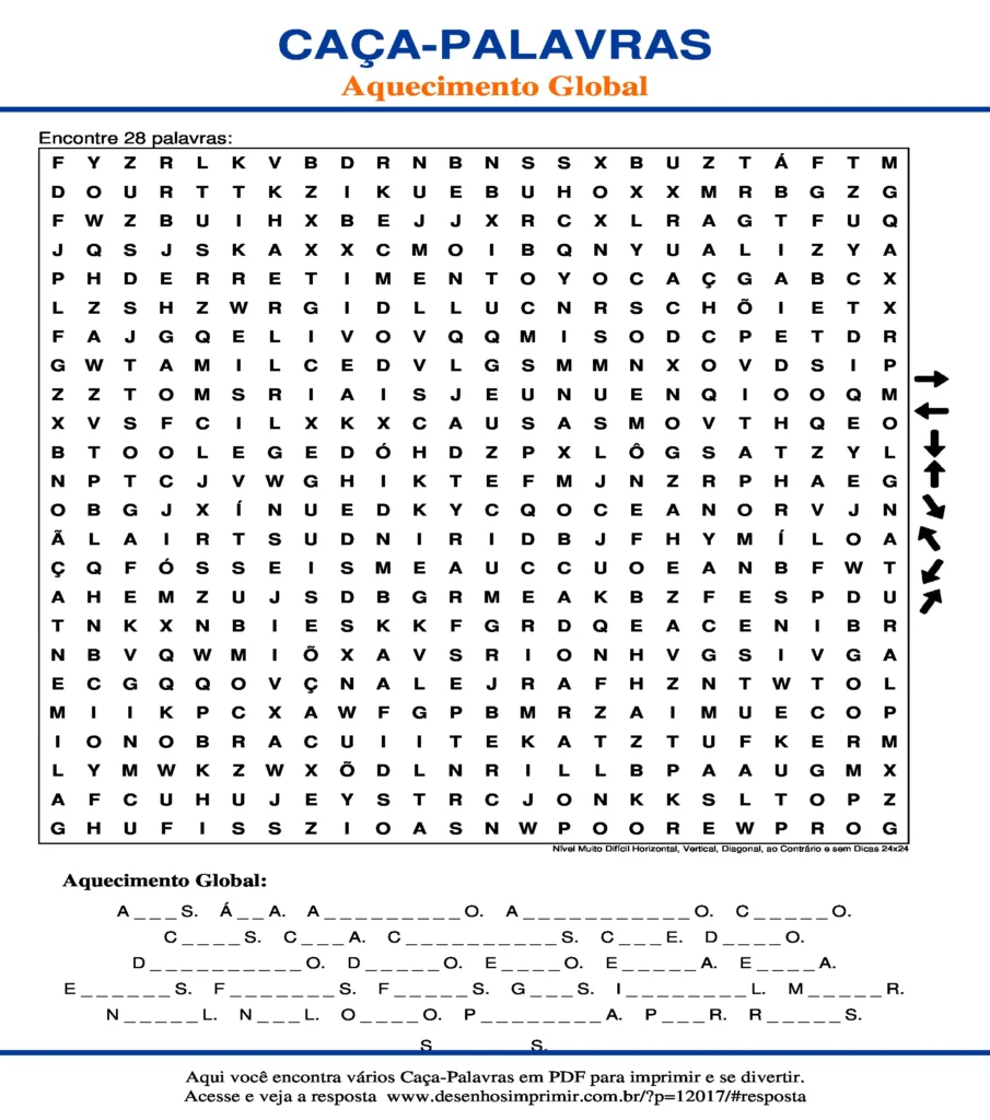 Aquecimento Global Nível Muito Difícil Horizontal, Vertical, Diagonal, ao Contrário e sem Dicas 24x24 caça palavras Caça Palavras Aquecimento Global Nível Muito Difícil Horizontal, Vertical, Diagonal, ao Contrário e sem Dicas 24x24 para imprimir