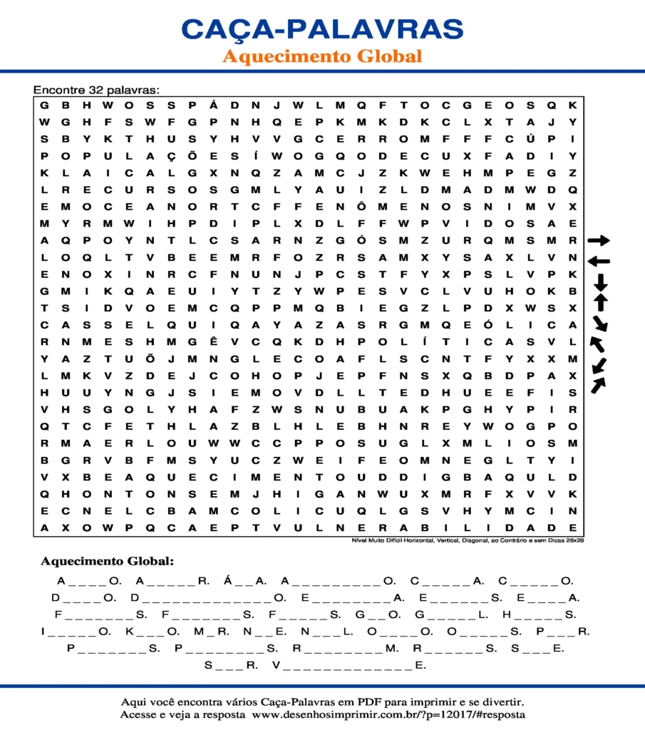 Aquecimento Global Nível Muito Difícil Horizontal, Vertical, Diagonal, ao Contrário e sem Dicas 26x26 caça palavras Caça Palavras Aquecimento Global Nível Muito Difícil Horizontal, Vertical, Diagonal, ao Contrário e sem Dicas 26x26 para imprimir