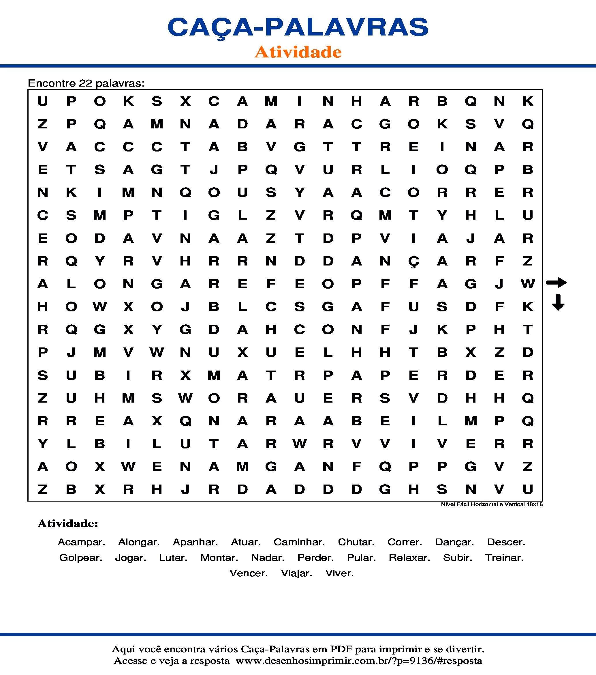 Caça Palavras Nível Fácil Horizontal e Vertical 18x18