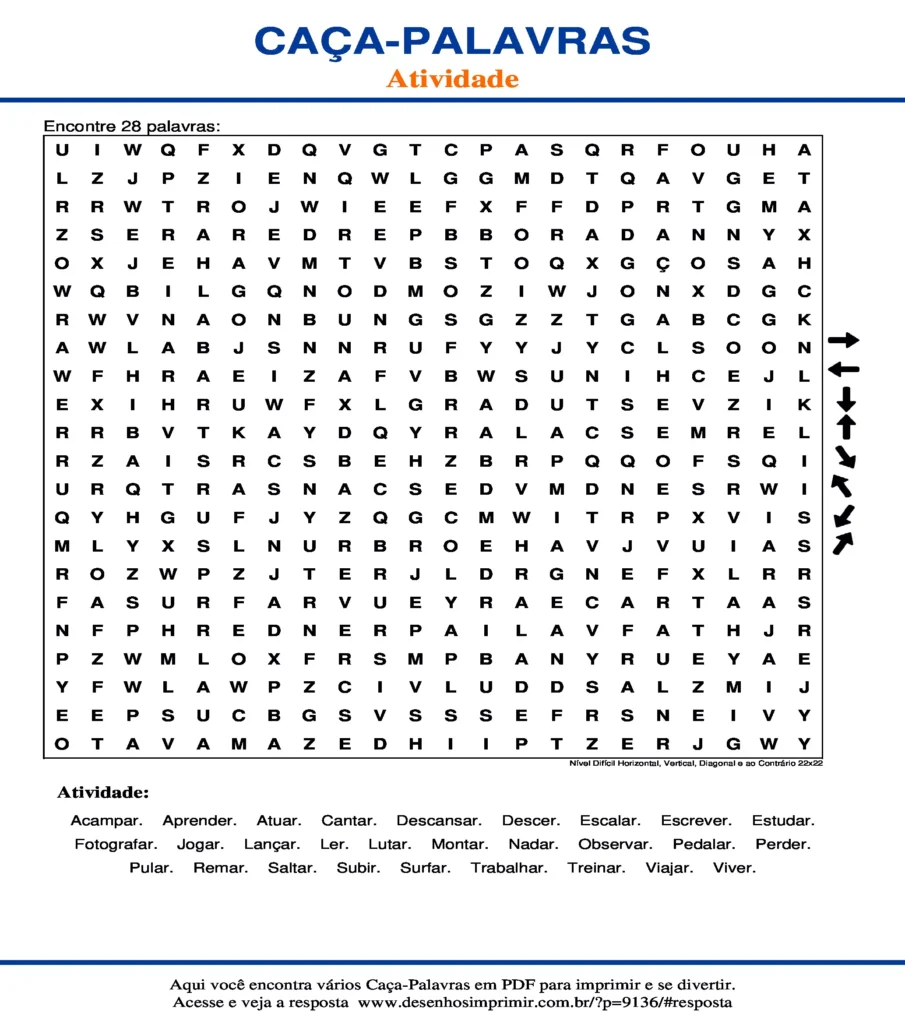 Atividade Nível Difícil Horizontal, Vertical, Diagonal e ao Contrário 22x22 caça palavras Caça Palavras Atividade Nível Difícil Horizontal, Vertical, Diagonal e ao Contrário 22x22 para imprimir