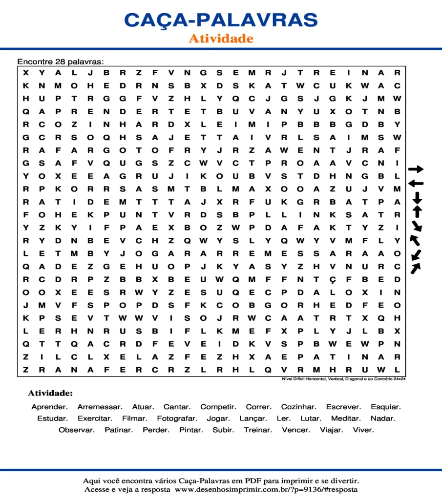 Atividade Nível Difícil Horizontal, Vertical, Diagonal e ao Contrário 24x24 caça palavras Caça Palavras Atividade Nível Difícil Horizontal, Vertical, Diagonal e ao Contrário 24x24 para imprimir