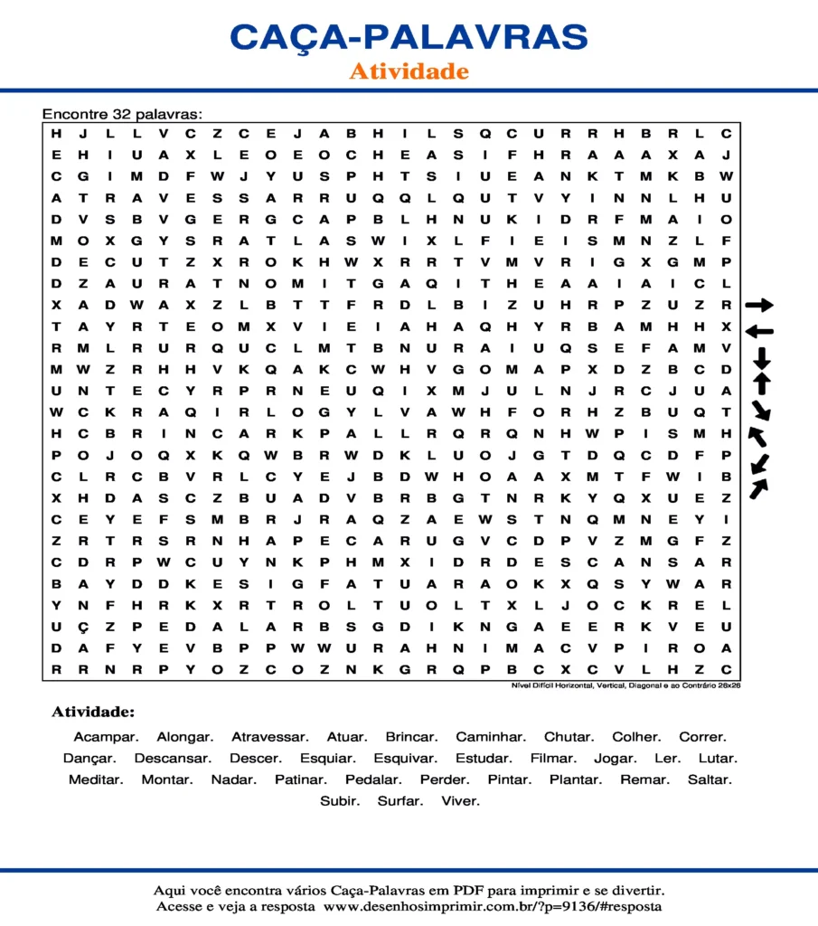 Atividade Nível Difícil Horizontal, Vertical, Diagonal e ao Contrário 26x26 caça palavras Caça Palavras Atividade Nível Difícil Horizontal, Vertical, Diagonal e ao Contrário 26x26 para imprimir