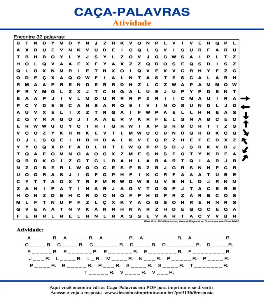 Atividade Nível Muito Difícil Horizontal, Vertical, Diagonal, ao Contrário e sem Dicas 26x26 caça palavras Caça Palavras Atividade Nível Muito Difícil Horizontal, Vertical, Diagonal, ao Contrário e sem Dicas 26x26 para imprimir