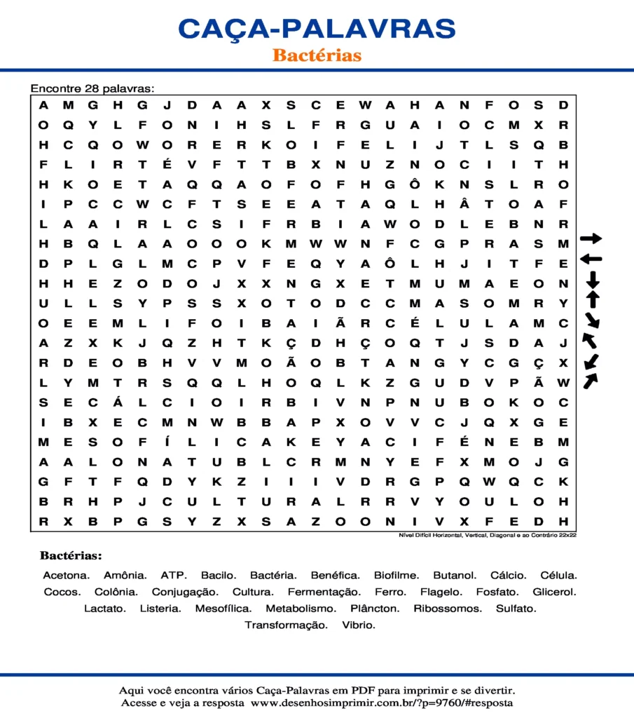Bactérias Nível Difícil Horizontal, Vertical, Diagonal e ao Contrário 22x22 caça palavras Caça Palavras sobre Bactérias Nível Difícil Horizontal, Vertical, Diagonal e ao Contrário 22x22 para imprimir