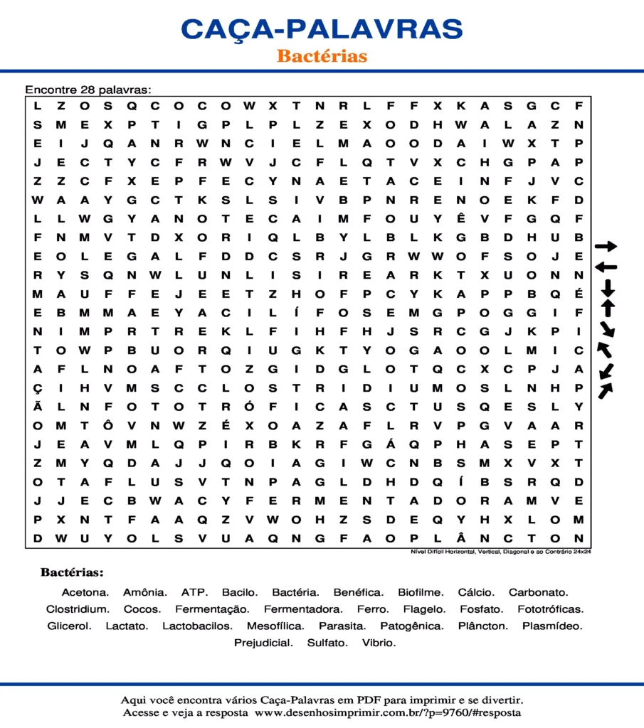 Bactérias Nível Difícil Horizontal, Vertical, Diagonal e ao Contrário 24x24 caça palavras Caça Palavras sobre Bactérias Nível Difícil Horizontal, Vertical, Diagonal e ao Contrário 24x24 para imprimir