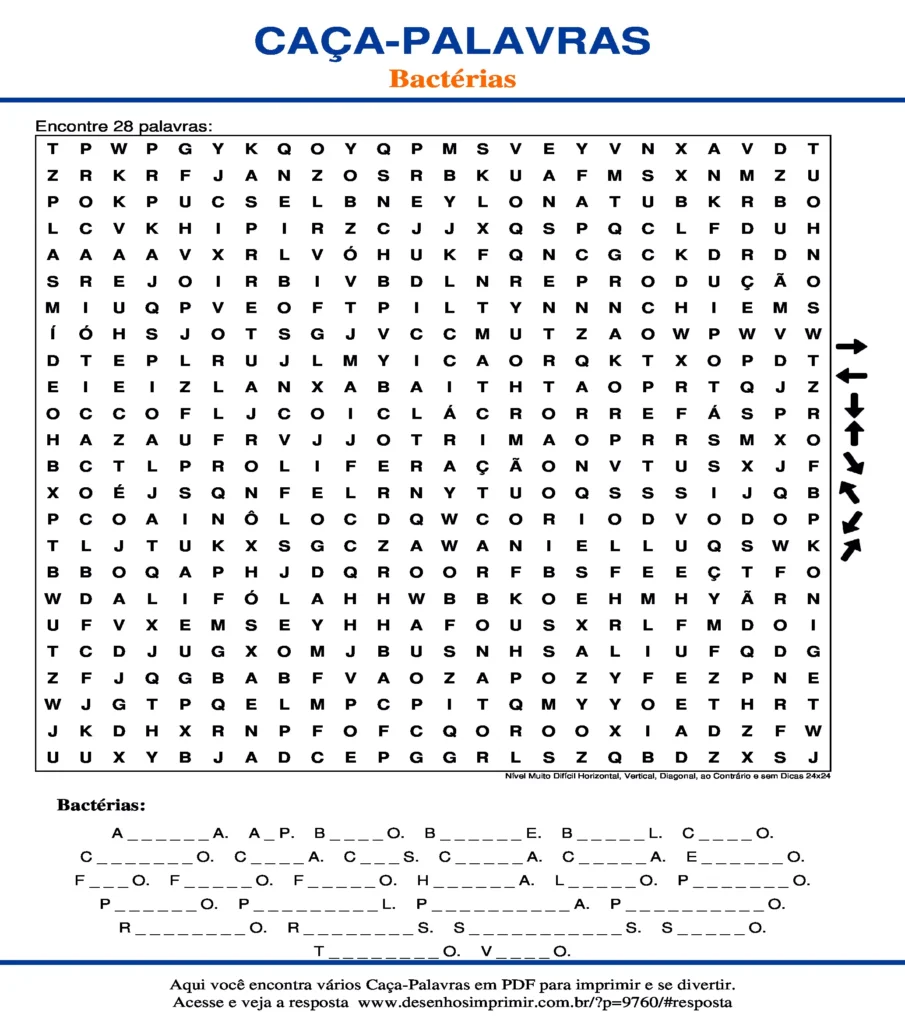 Bactérias Nível Muito Difícil Horizontal, Vertical, Diagonal, ao Contrário e sem Dicas 24x24 caça palavras Caça Palavras sobre Bactérias Nível Muito Difícil Horizontal, Vertical, Diagonal, ao Contrário e sem Dicas 24x24 para imprimir