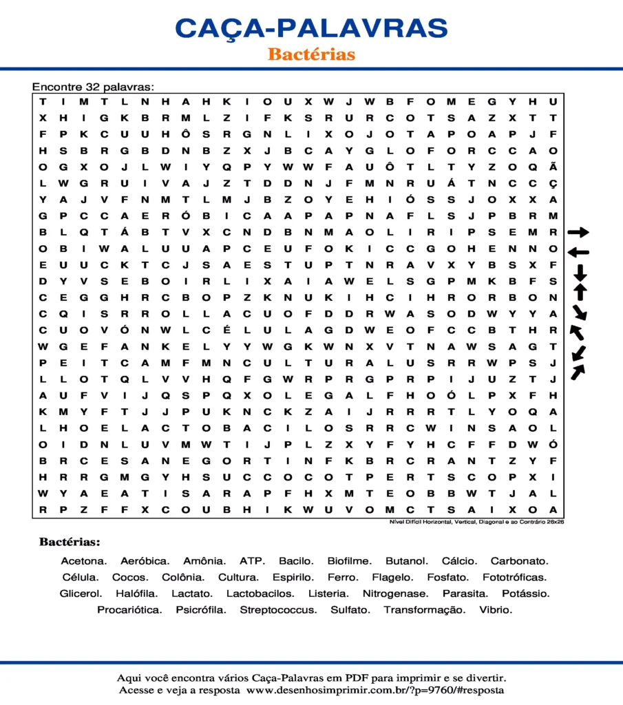 Bactérias Nível Difícil Horizontal, Vertical, Diagonal e ao Contrário 26x26 caça palavras Caça Palavras sobre Bactérias Nível Difícil Horizontal, Vertical, Diagonal e ao Contrário 26x26 para imprimir