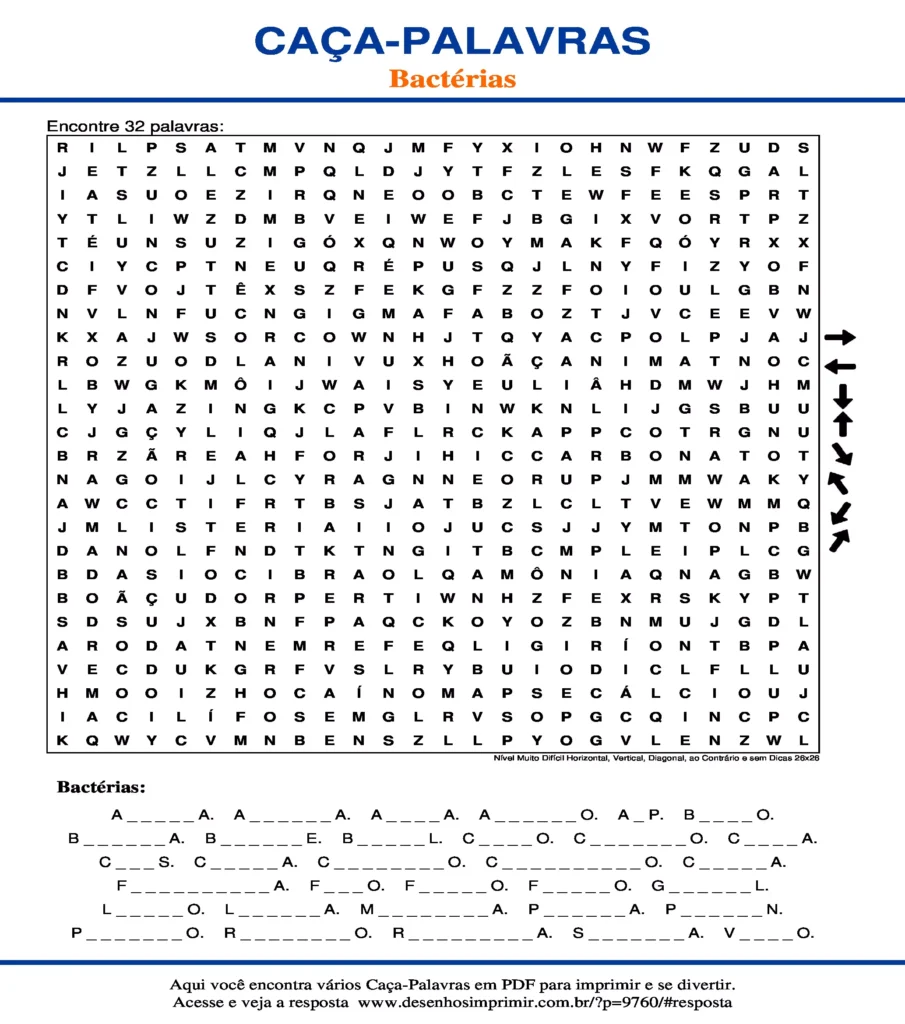Bactérias Nível Muito Difícil Horizontal, Vertical, Diagonal, ao Contrário e sem Dicas 26x26 caça palavras Caça Palavras sobre Bactérias Nível Muito Difícil Horizontal, Vertical, Diagonal, ao Contrário e sem Dicas 26x26 para imprimir