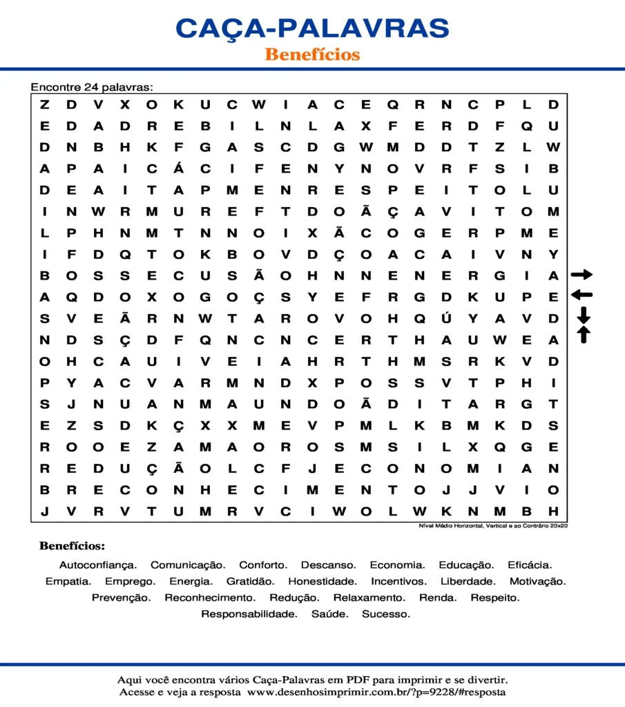 Benefícios Nível Médio Horizontal, Vertical e ao Contrário 20x20 caça palavras Caça Palavras Benefícios Nível Médio Horizontal, Vertical e ao Contrário 20x20 para imprimir