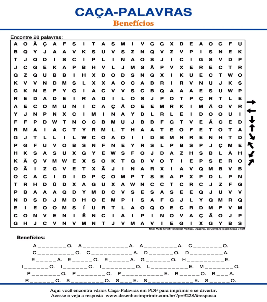 Benefícios Nível Muito Difícil Horizontal, Vertical, Diagonal, ao Contrário e sem Dicas 24x24 caça palavras Caça Palavras Benefícios Nível Muito Difícil Horizontal, Vertical, Diagonal, ao Contrário e sem Dicas 24x24 para imprimir