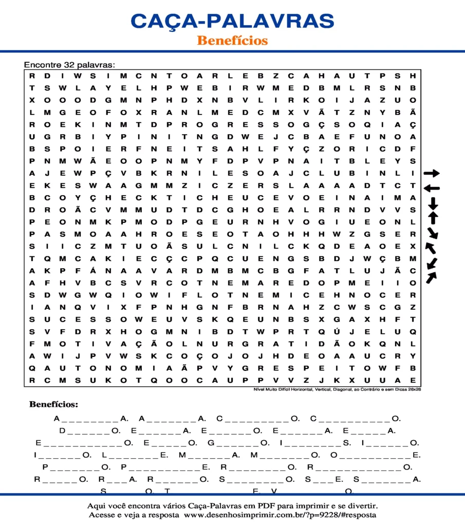 Benefícios Nível Muito Difícil Horizontal, Vertical, Diagonal, ao Contrário e sem Dicas 26x26 caça palavras Caça Palavras Benefícios Nível Muito Difícil Horizontal, Vertical, Diagonal, ao Contrário e sem Dicas 26x26 para imprimir