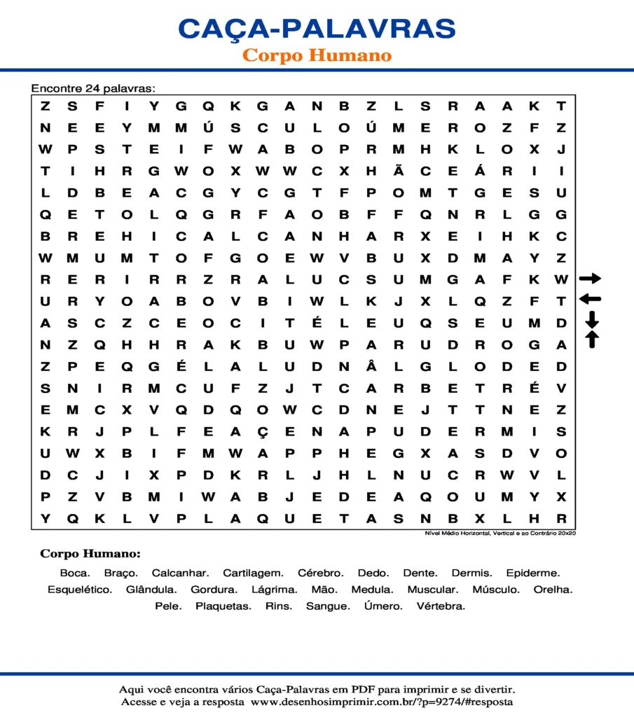 Corpo Humano Nível Médio Horizontal, Vertical e ao Contrário 20x20 caça palavras Caça Palavras Corpo Humano Nível Médio Horizontal, Vertical e ao Contrário 20x20 para imprimir