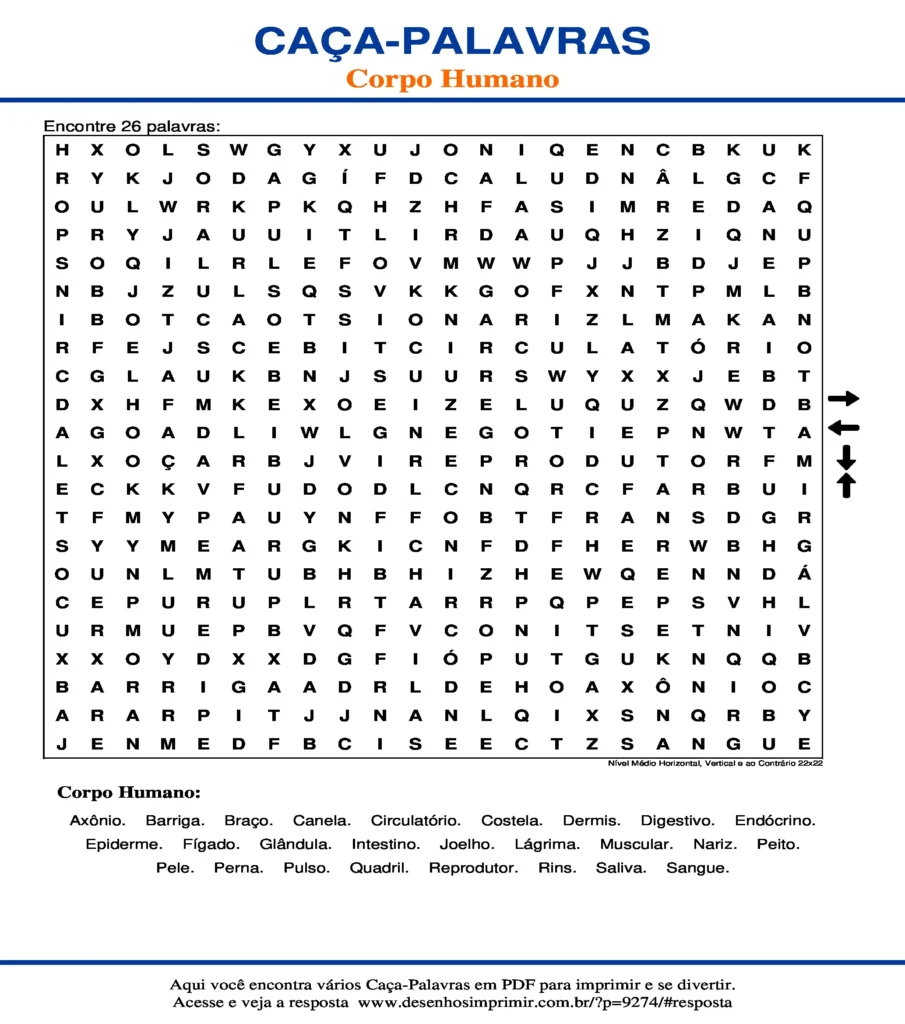 Corpo Humano Nível Médio Horizontal, Vertical e ao Contrário 22x22 caça palavras Caça Palavras Corpo Humano Nível Médio Horizontal, Vertical e ao Contrário 22x22 para imprimir