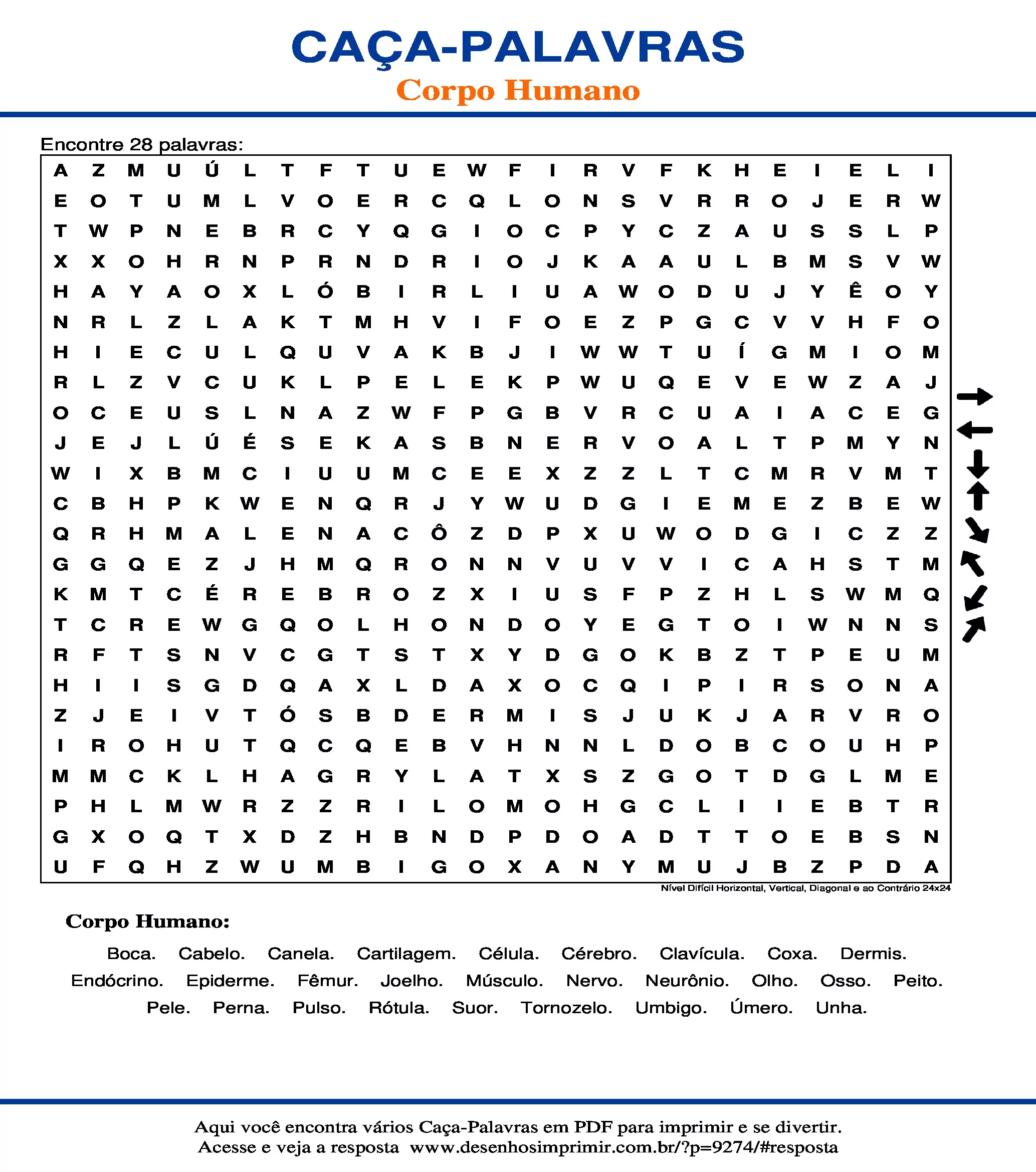HUMAN BODY - Imprimir Caça Palavras