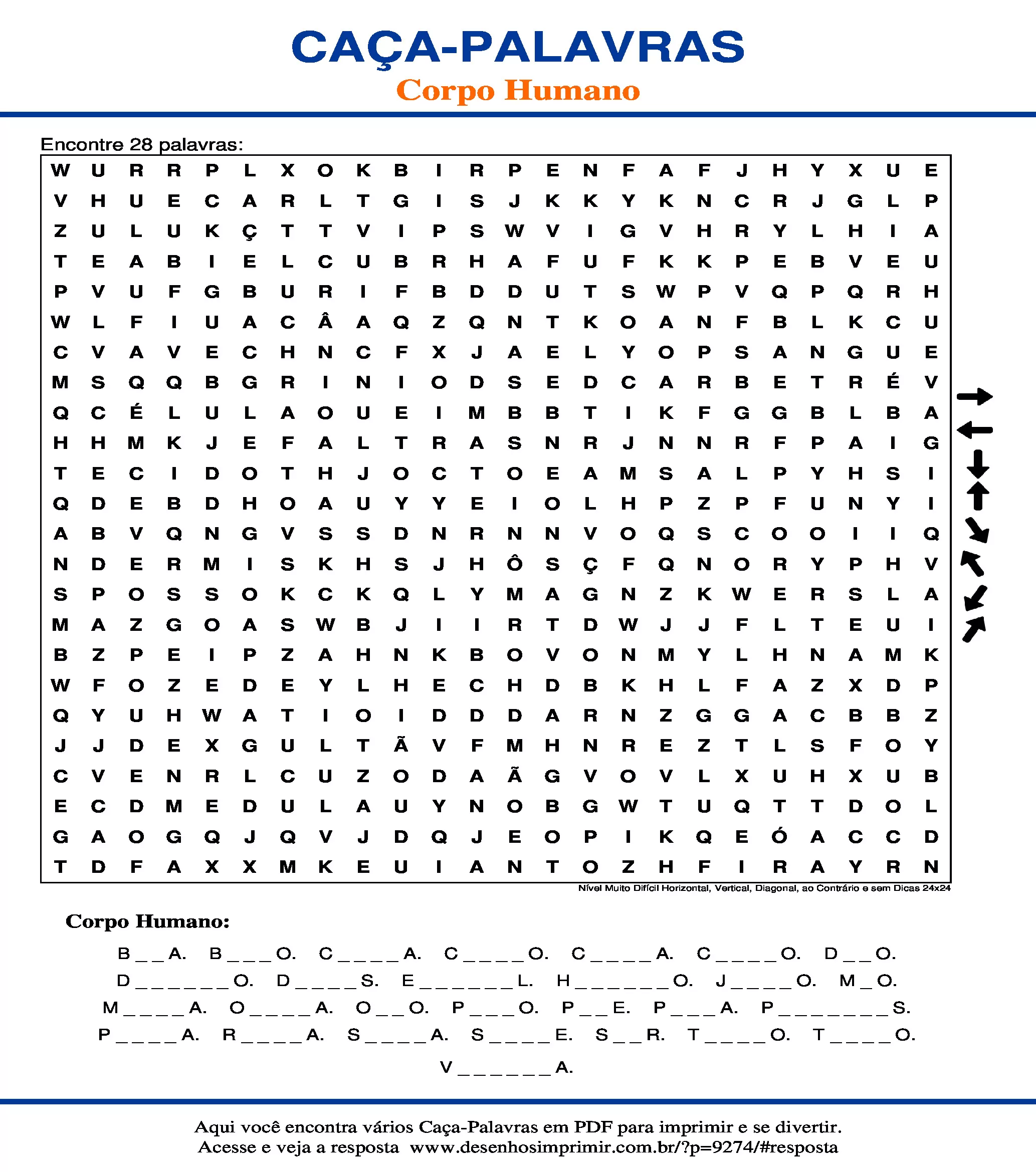 Caça Palavras Nível Muito Difícil Horizontal, Vertical, Diagonal, ao Contrário e sem Dicas 24x24