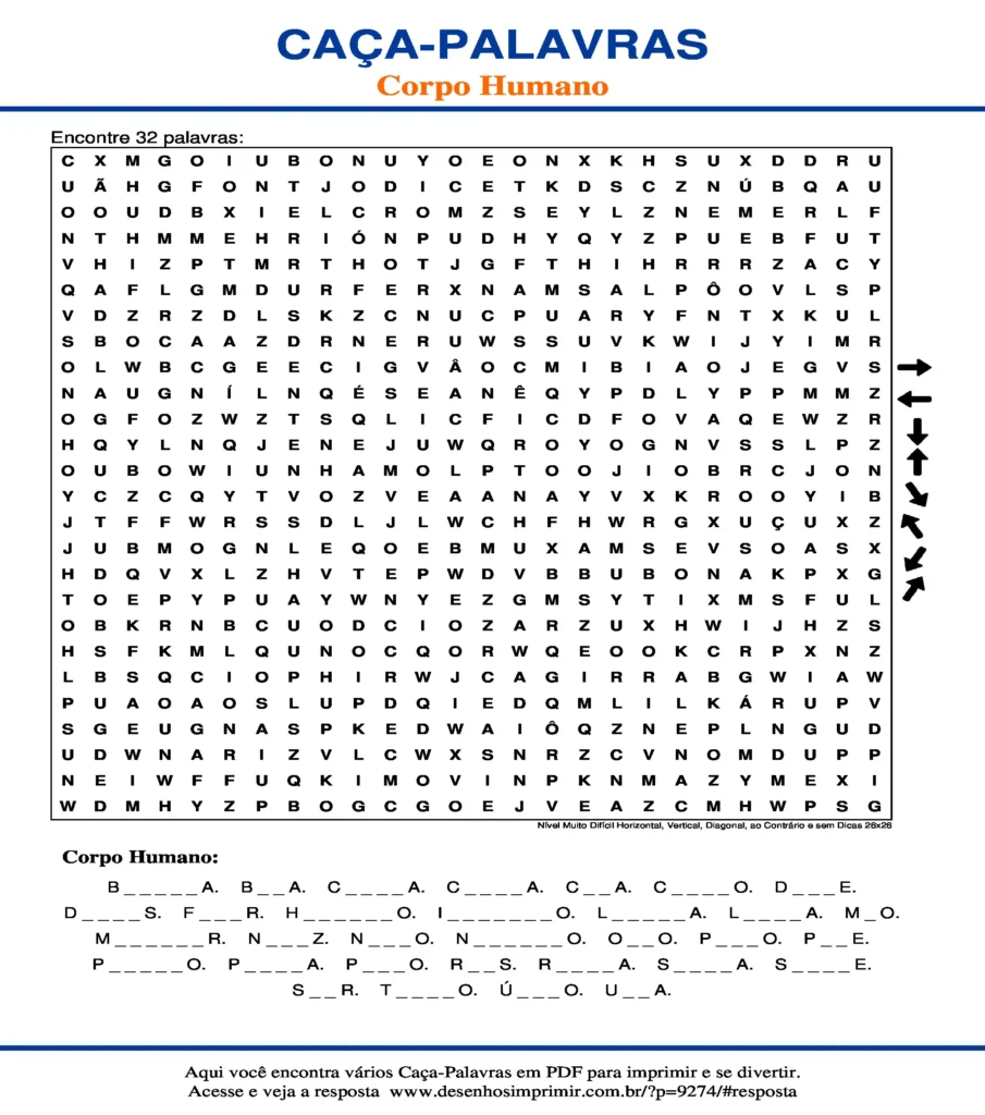 Corpo Humano Nível Muito Difícil Horizontal, Vertical, Diagonal, ao Contrário e sem Dicas 26x26 caça palavras Caça Palavras Corpo Humano Nível Muito Difícil Horizontal, Vertical, Diagonal, ao Contrário e sem Dicas 26x26 para imprimir