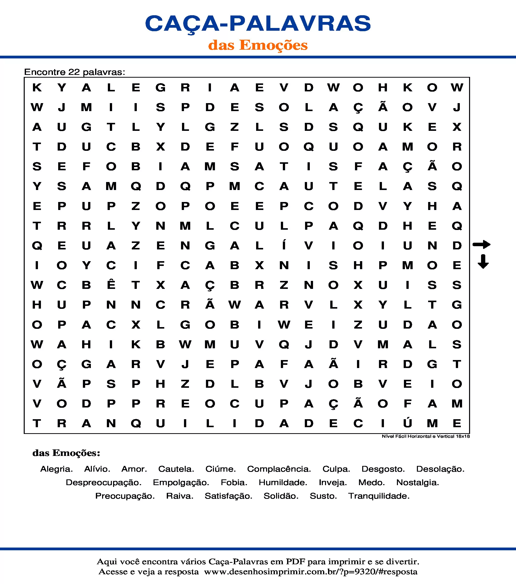 Caça Palavras Nível Fácil Horizontal e Vertical 18x18