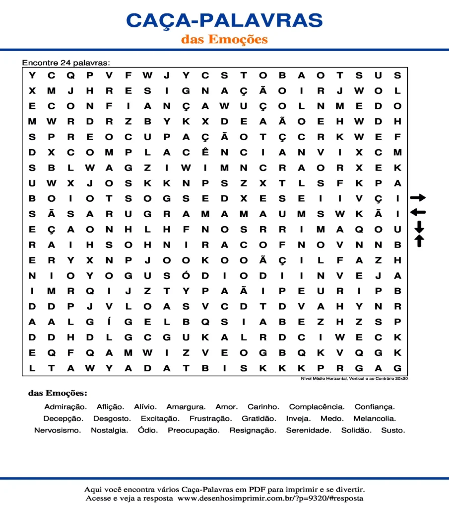 Emoções Nível Médio Horizontal, Vertical e ao Contrário 20x20 caça palavras Caça Palavras das Emoções Nível Médio Horizontal, Vertical e ao Contrário 20x20 para imprimir