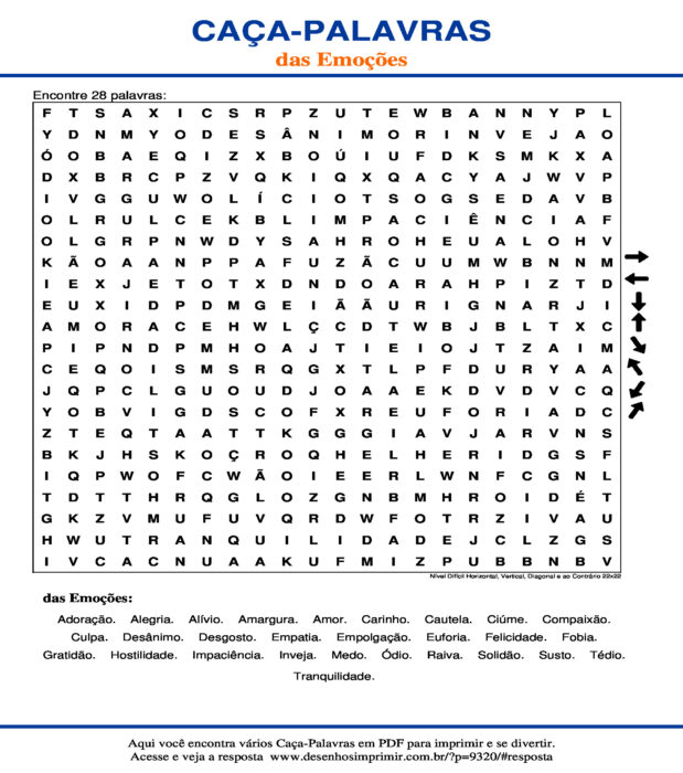Caça Palavras das Emoções Nível Difícil Horizontal, Vertical, Diagonal e ao Contrário 22x22 para imprimir