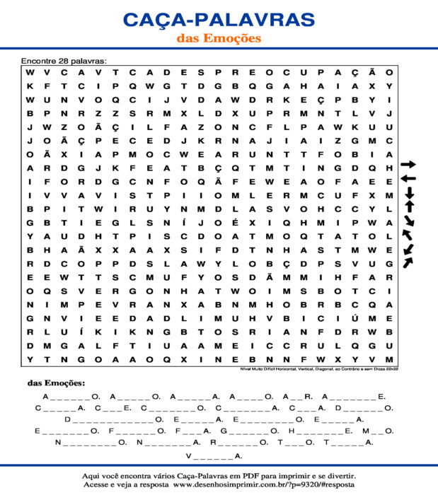 Caça Palavras das Emoções Nível Muito Difícil Horizontal, Vertical, Diagonal, ao Contrário e sem Dicas 22x22 para imprimir