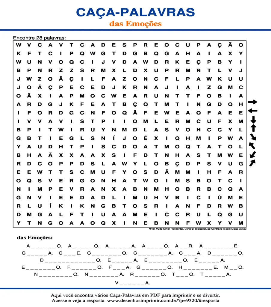 Emoções Nível Muito Difícil Horizontal, Vertical, Diagonal, ao Contrário e sem Dicas 22x22 caça palavras Caça Palavras das Emoções Nível Muito Difícil Horizontal, Vertical, Diagonal, ao Contrário e sem Dicas 22x22 para imprimir
