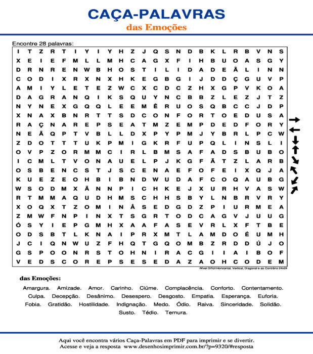Caça Palavras das Emoções Nível Difícil Horizontal, Vertical, Diagonal e ao Contrário 24x24 para imprimir