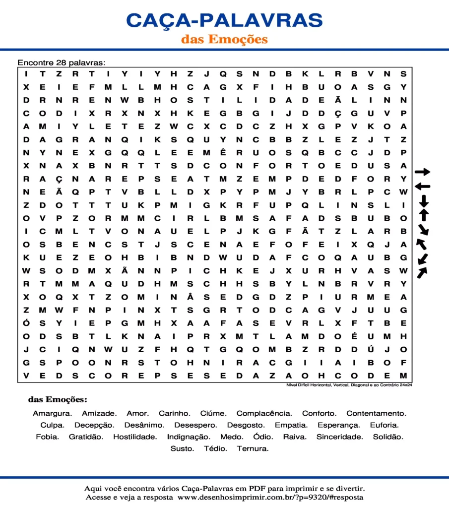 Emoções Nível Difícil Horizontal, Vertical, Diagonal e ao Contrário 24x24 caça palavras Caça Palavras das Emoções Nível Difícil Horizontal, Vertical, Diagonal e ao Contrário 24x24 para imprimir
