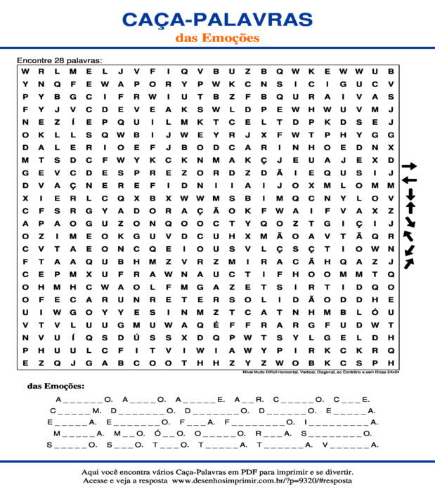 Caça Palavras das Emoções Nível Muito Difícil Horizontal, Vertical, Diagonal, ao Contrário e sem Dicas 24x24 para imprimir