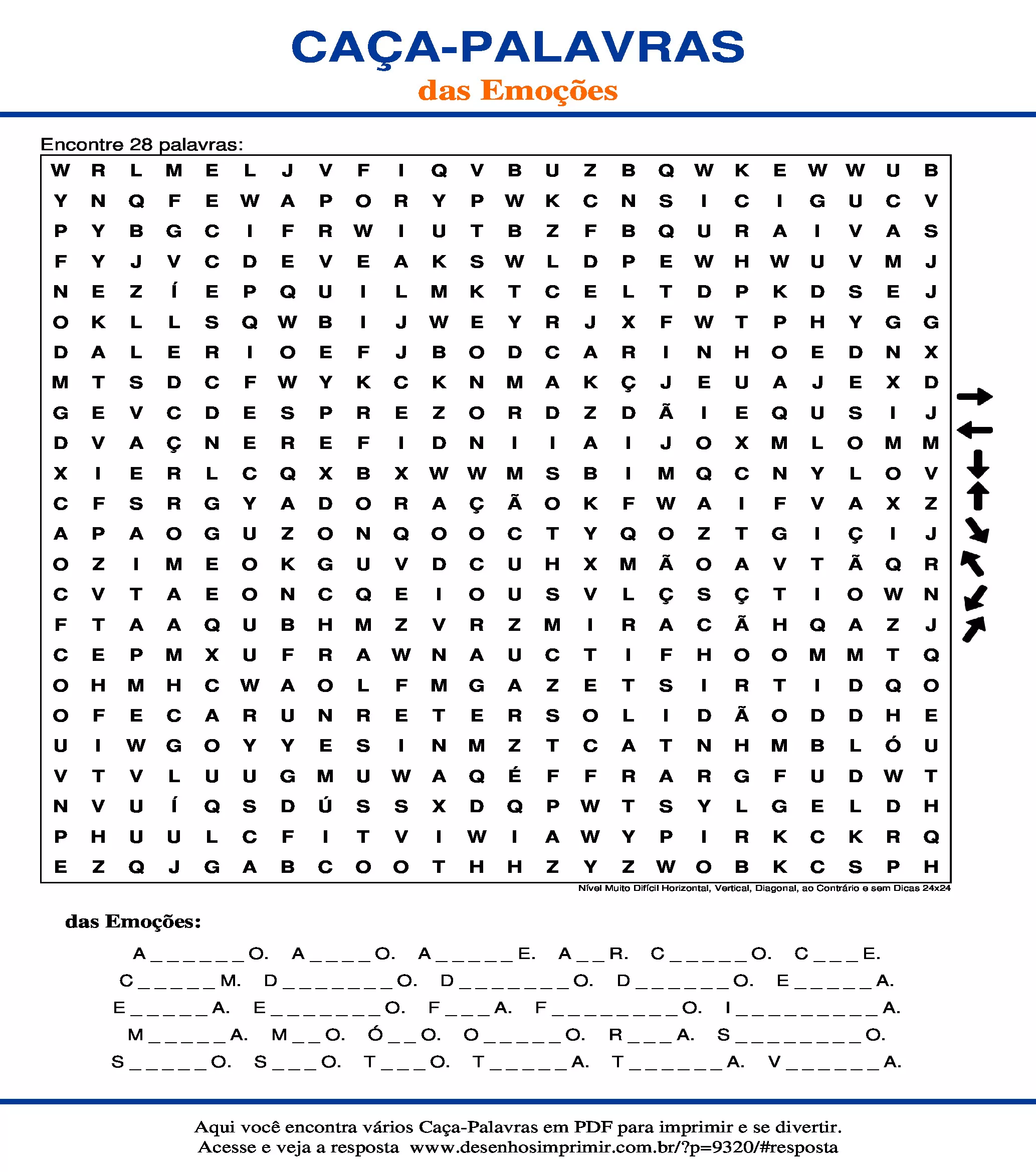 Caça Palavras Nível Muito Difícil Horizontal, Vertical, Diagonal, ao Contrário e sem Dicas 24x24