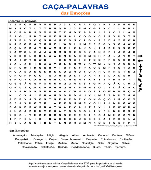 Caça Palavras das Emoções Nível Difícil Horizontal, Vertical, Diagonal e ao Contrário 26x26 para imprimir