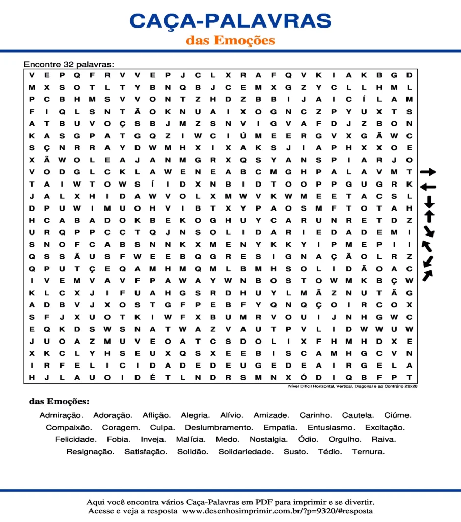 Emoções Nível Difícil Horizontal, Vertical, Diagonal e ao Contrário 26x26 caça palavras Caça Palavras das Emoções Nível Difícil Horizontal, Vertical, Diagonal e ao Contrário 26x26 para imprimir