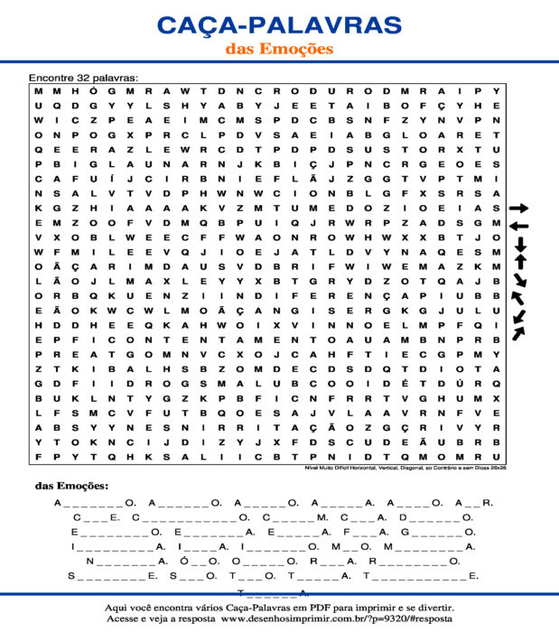 Caça Palavras das Emoções Nível Muito Difícil Horizontal, Vertical, Diagonal, ao Contrário e sem Dicas 26x26 para imprimir