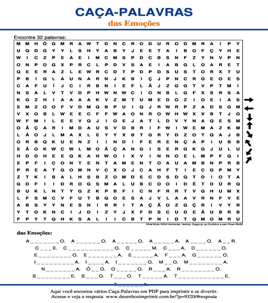 Emoções Nível Muito Difícil Horizontal, Vertical, Diagonal, ao Contrário e sem Dicas 26x26 caça palavras Caça Palavras das Emoções Nível Muito Difícil Horizontal, Vertical, Diagonal, ao Contrário e sem Dicas 26x26 para imprimir
