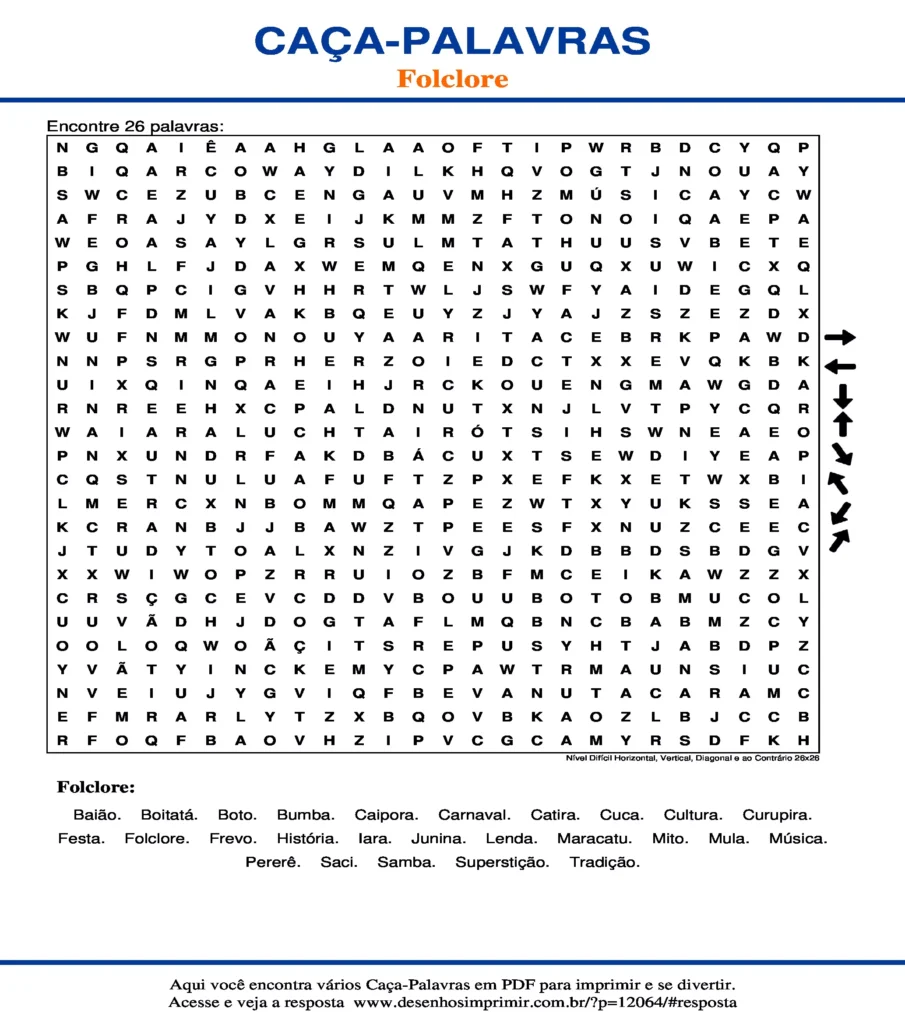 Folclore Nível Difícil Horizontal, Vertical, Diagonal e ao Contrário 26x26 caça palavras Caça Palavras do Folclore Nível Difícil Horizontal, Vertical, Diagonal e ao Contrário 26x26 para imprimir