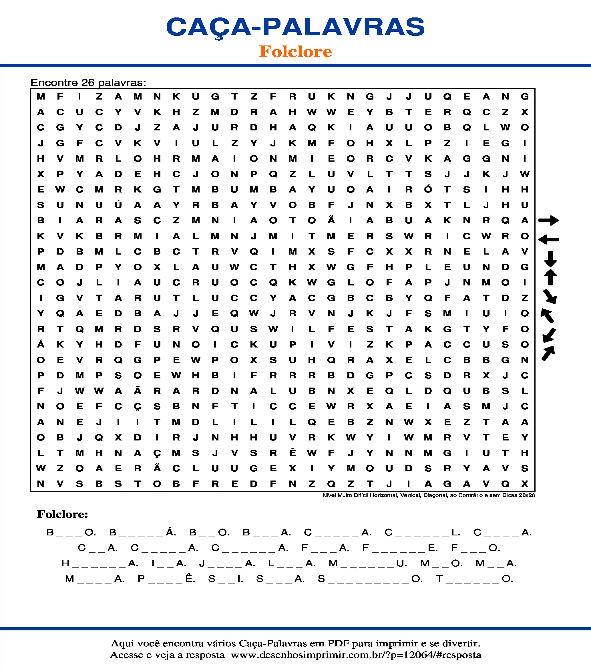 Caça Palavras Nível Muito Difícil Horizontal, Vertical, Diagonal, ao Contrário e sem Dicas 26x26