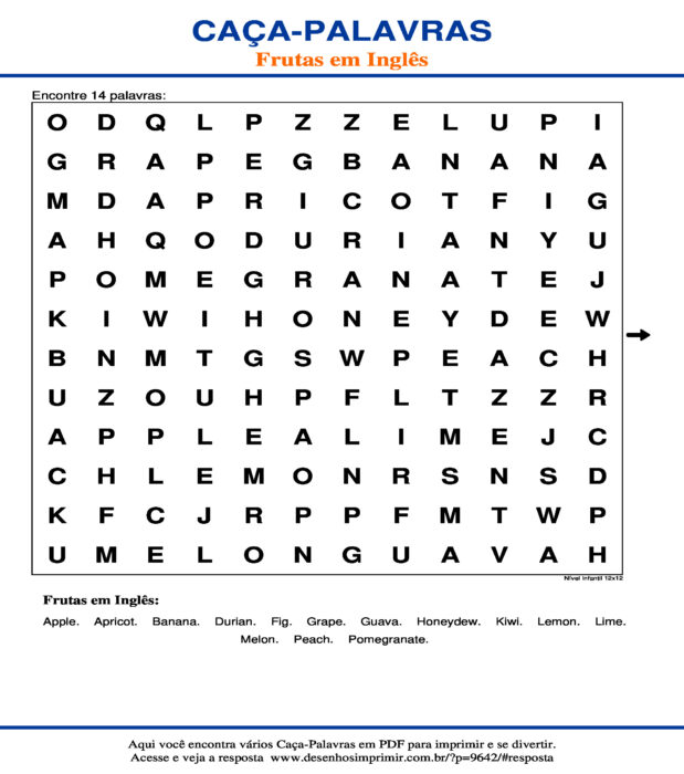 Caça Palavras das Frutas em Inglês Nível Infantil 12x12 para imprimir