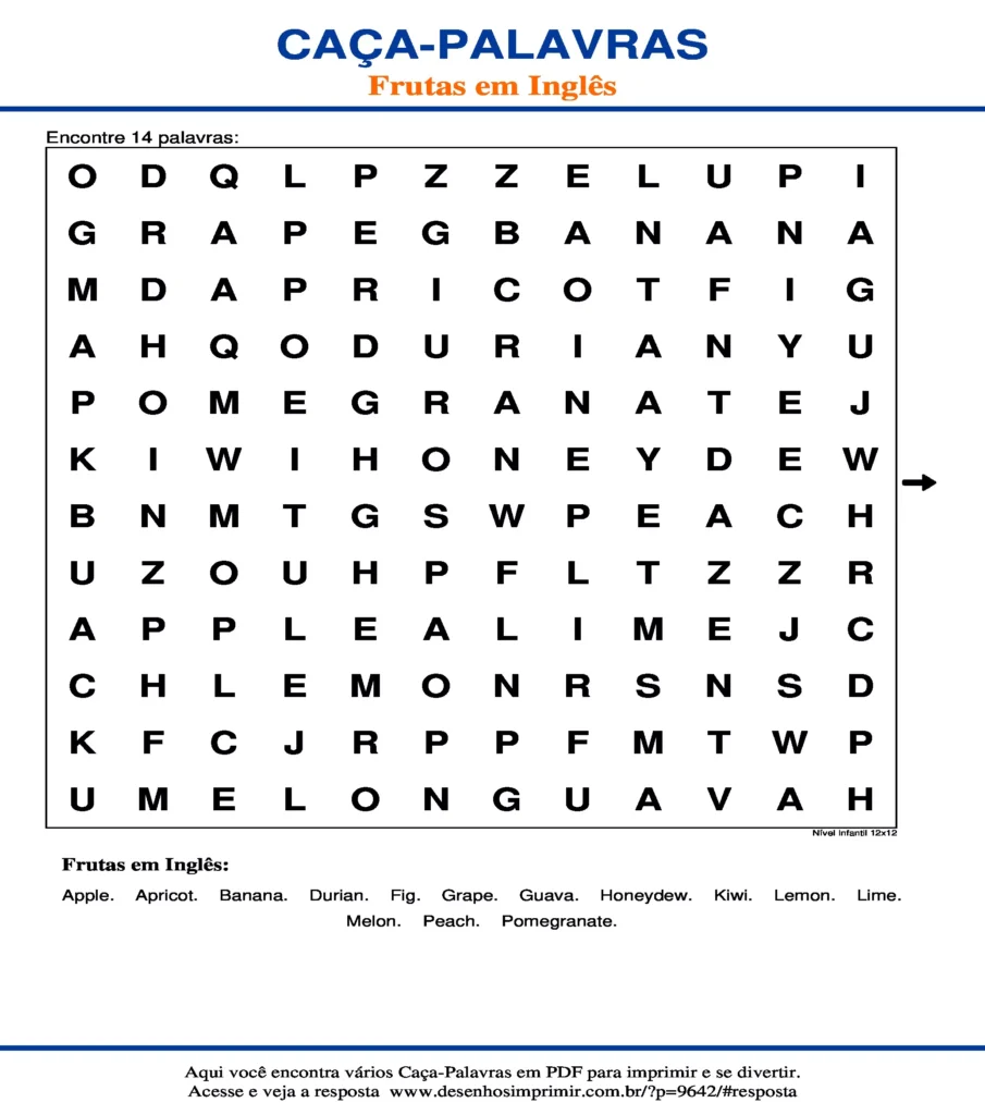 Frutas em Inglês Nível Infantil 12x12 caça palavras Caça Palavras das Frutas em Inglês Nível Infantil 12x12 para imprimir