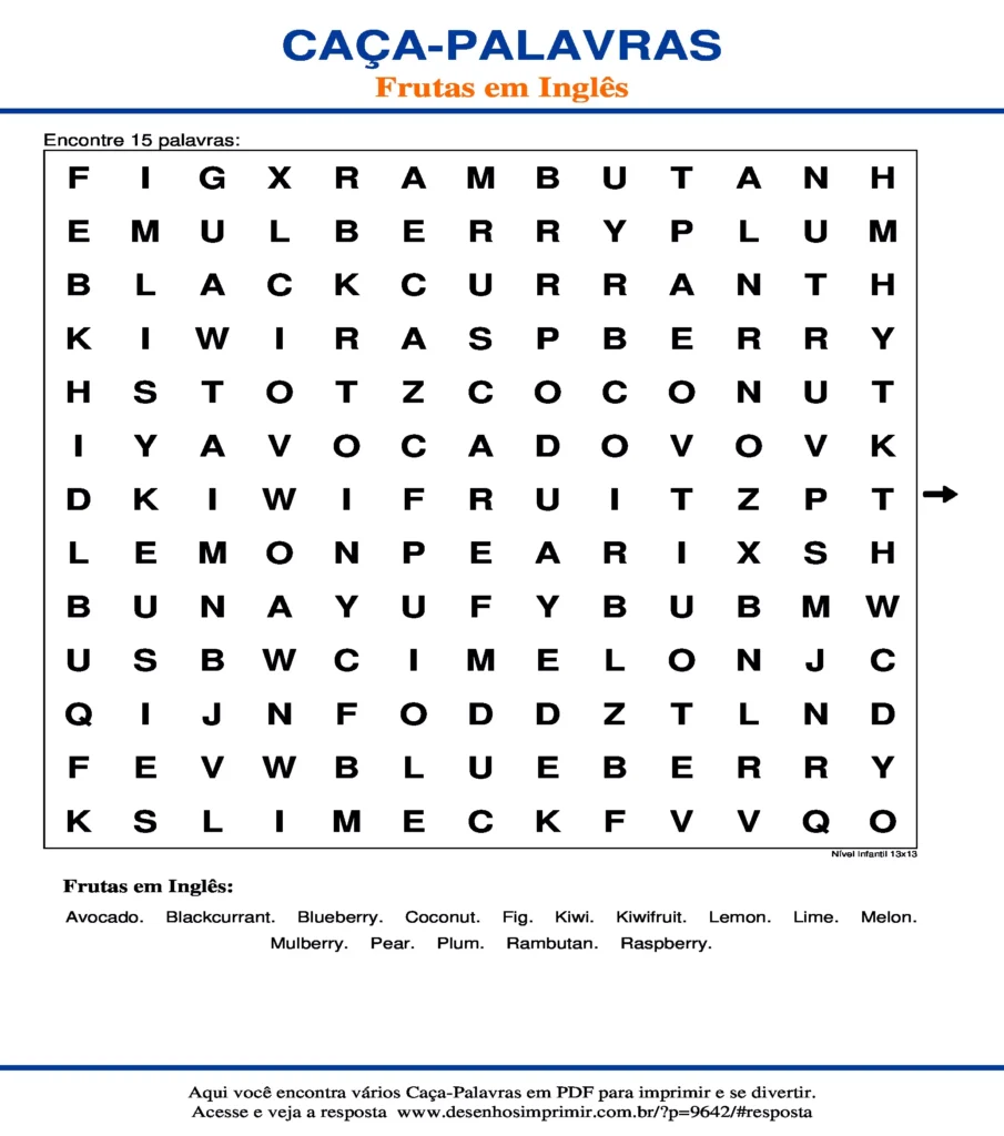 Frutas em Inglês Nível Infantil 13x13 caça palavras Caça Palavras das Frutas em Inglês Nível Infantil 13x13 para imprimir