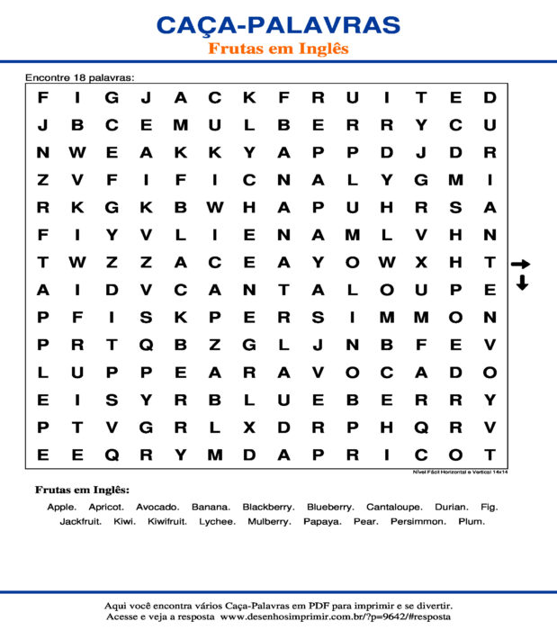 Caça Palavras das Frutas em Inglês Nível Fácil Horizontal e Vertical 14x14 para imprimir