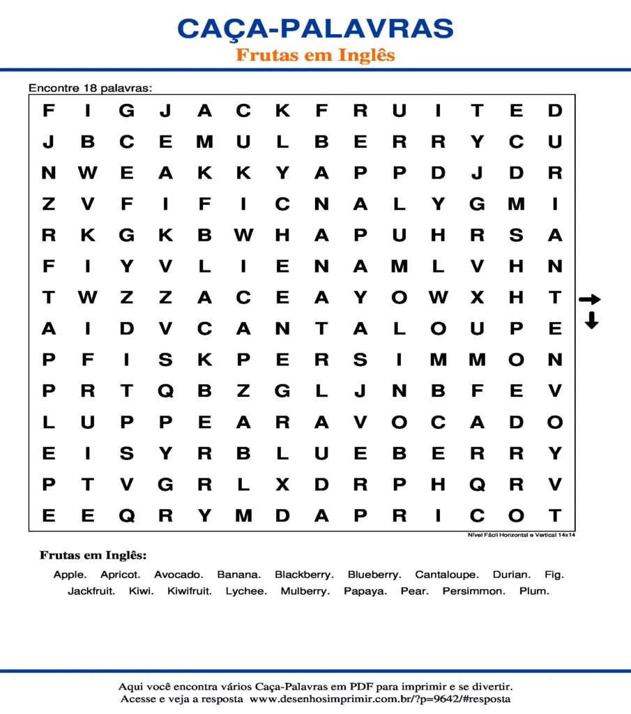 Frutas em Inglês Nível Fácil Horizontal e Vertical 14x14 caça palavras Caça Palavras das Frutas em Inglês Nível Fácil Horizontal e Vertical 14x14 para imprimir