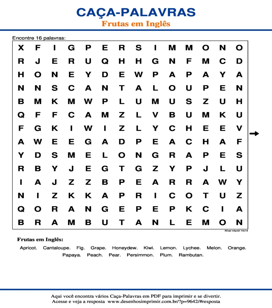 Frutas em Inglês Nível Infantil 14x14 caça palavras Caça Palavras das Frutas em Inglês Nível Infantil 14x14 para imprimir