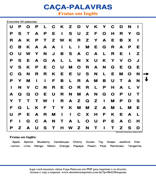Caça Palavras das Frutas em Inglês Nível Fácil Horizontal e Vertical 16x16 para imprimir