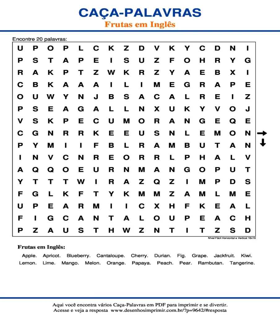 Frutas em Inglês Nível Fácil Horizontal e Vertical 16x16 caça palavras Caça Palavras das Frutas em Inglês Nível Fácil Horizontal e Vertical 16x16 para imprimir
