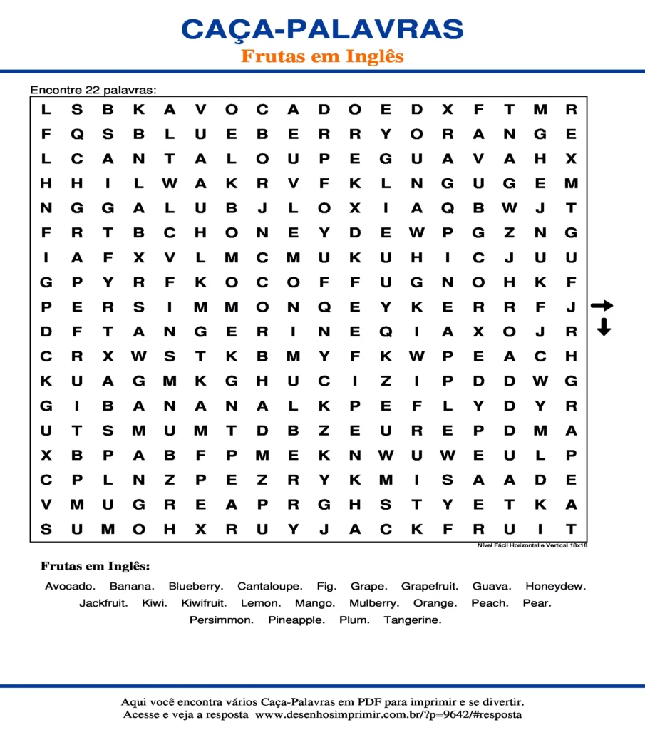 Frutas em Inglês Nível Fácil Horizontal e Vertical 18x18 caça palavras Caça Palavras das Frutas em Inglês Nível Fácil Horizontal e Vertical 18x18 para imprimir