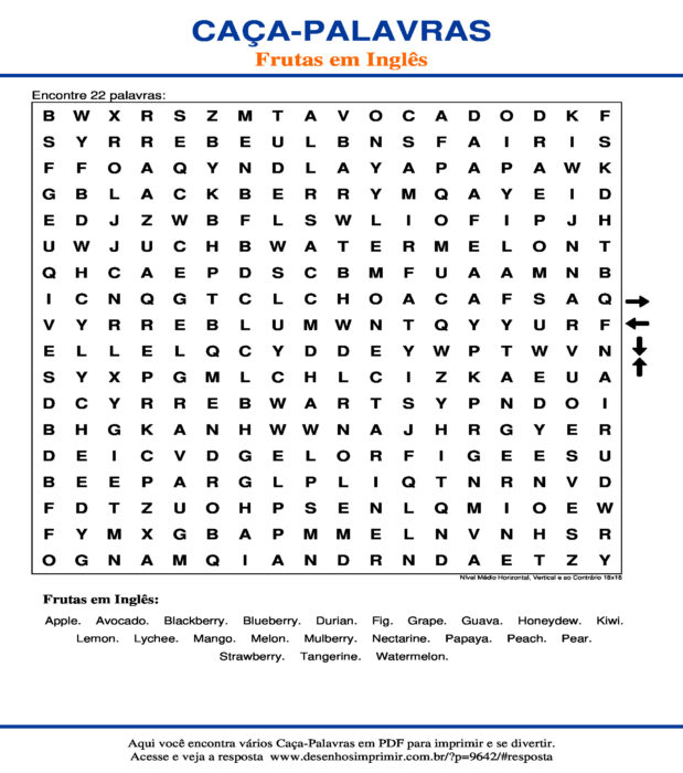 Caça Palavras das Frutas em Inglês Nível Médio Horizontal, Vertical e ao Contrário 18x18 para imprimir