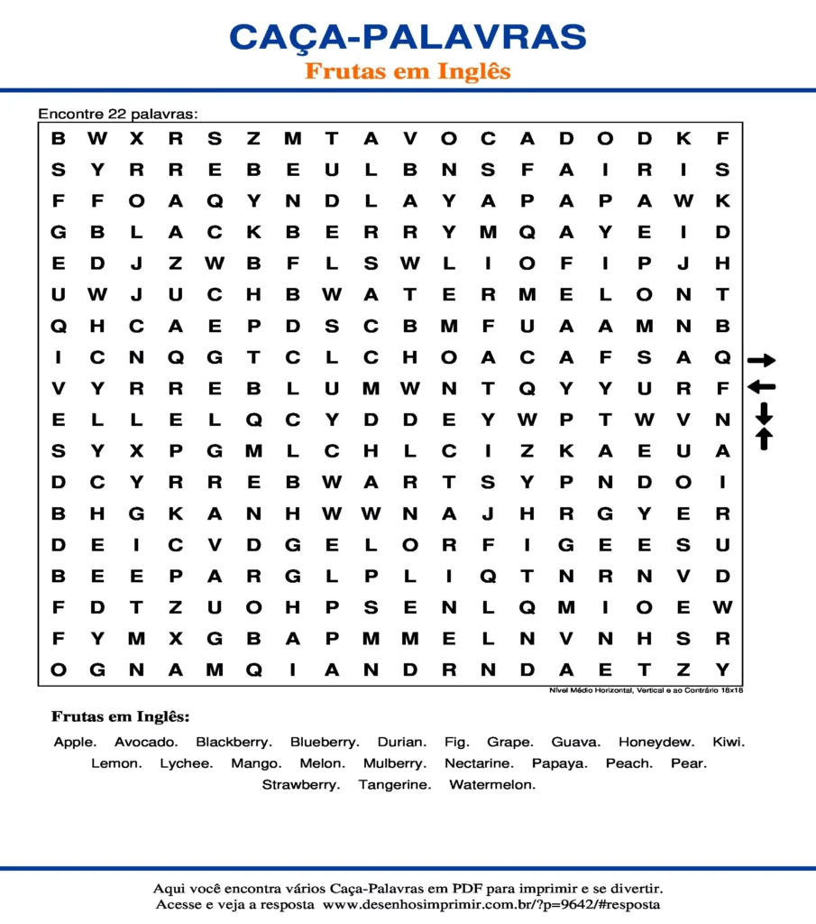 Frutas em Inglês Nível Médio Horizontal, Vertical e ao Contrário 18x18 caça palavras Caça Palavras das Frutas em Inglês Nível Médio Horizontal, Vertical e ao Contrário 18x18 para imprimir